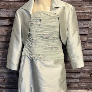 Rickie Freeman for Teri Jon Strapless Pale Sage Green Evening Dress with Jacket